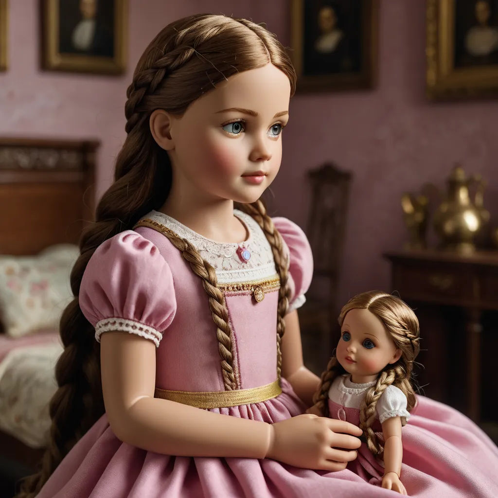 a doll is sitting next to a doll in a pink dress and braids on her hair, and a doll is sitting on a bed, american barbizon school, a character portrait, Clarice Beckett, finely detailed features