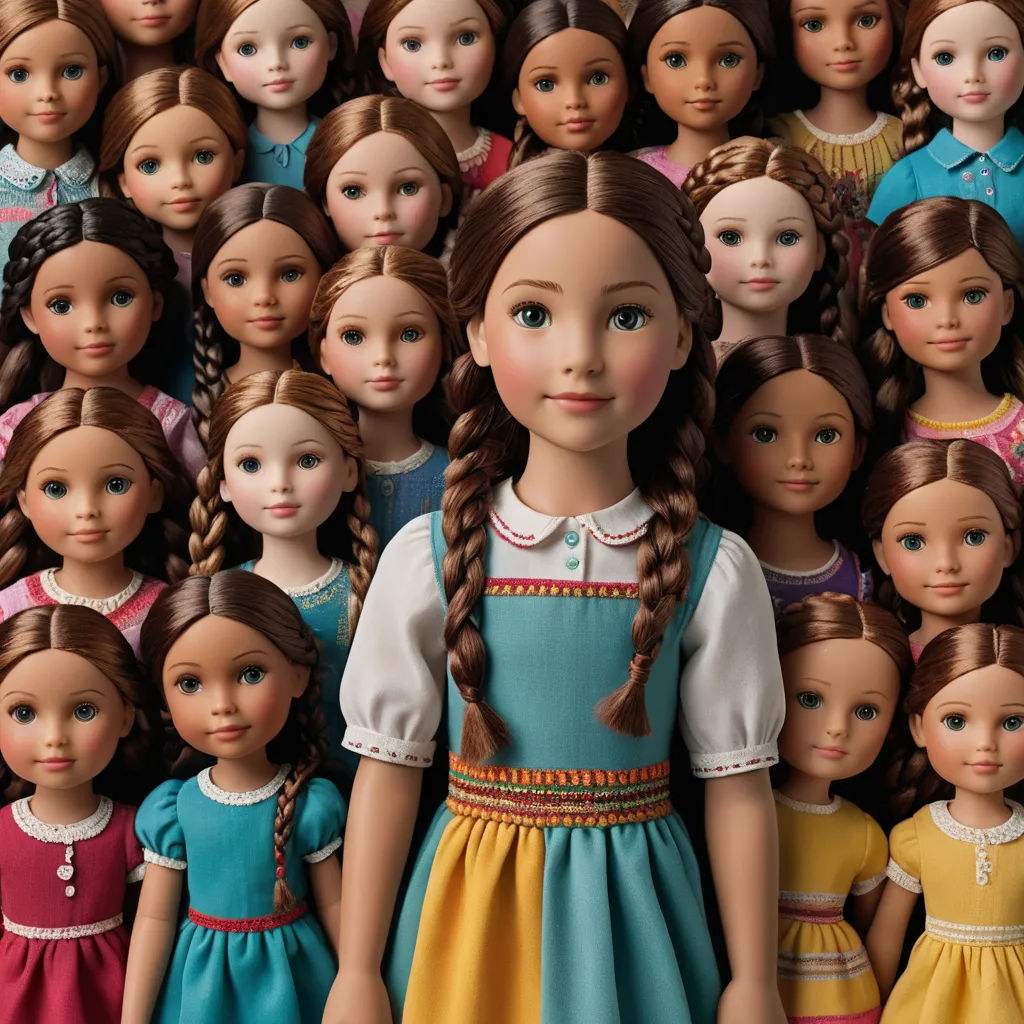a large group of dolls of different colors and sizes are shown in this image, with a woman's face in the middle, kitsch movement, poster art, Dorothy Coke, promotional image