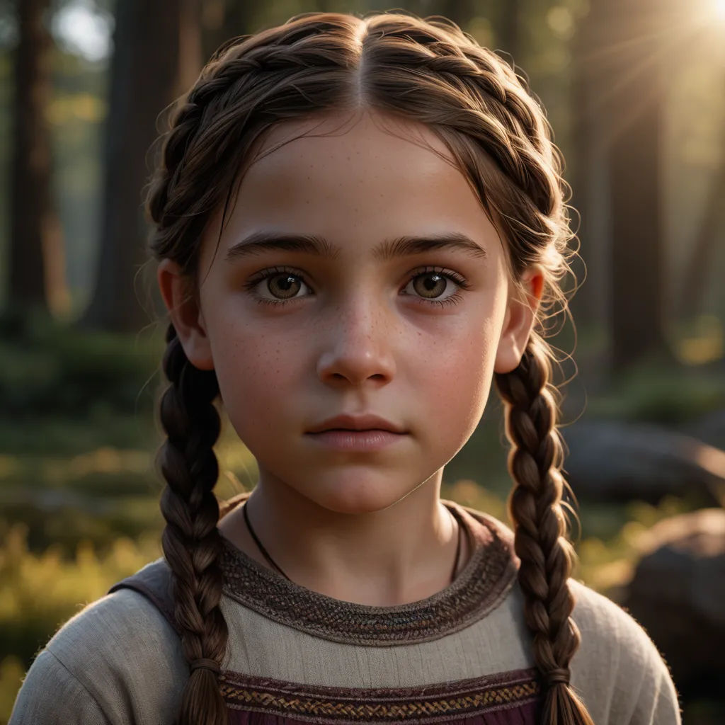 a young girl with a braid in a forest with the sun shining through the trees behind her and her hair in a braid, photorealism, computer graphics, Anne Said, cgstudio