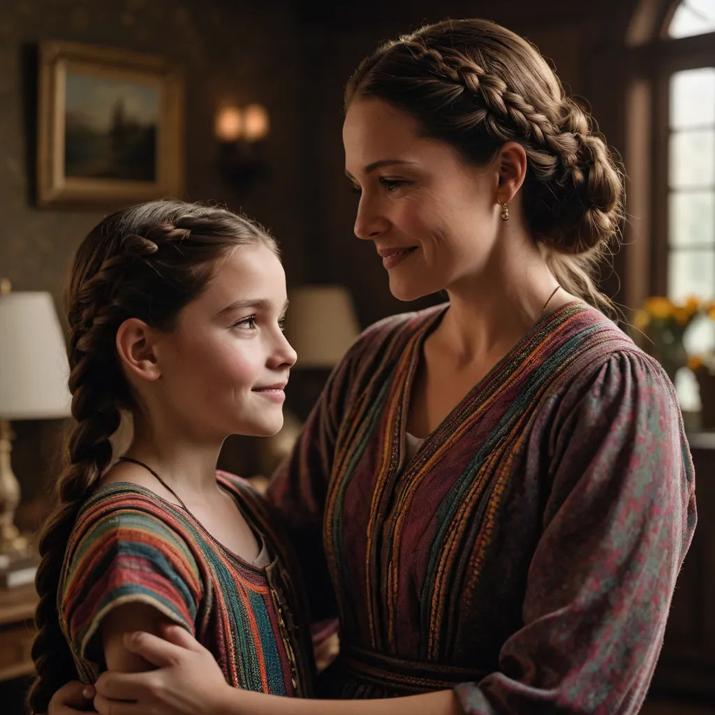 a woman and a girl are standing together in a room with a lamp on the table and a painting on the wall, aestheticism, a poster, Elinor Proby Adams, promotional image