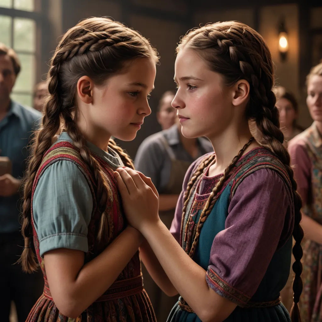 two girls in traditional dress standing in a room with other people looking on and talking to each other,, antipodeans, a renaissance painting, Anne Said, movie still