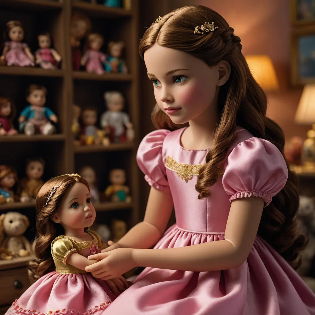 a doll and a doll are sitting on a table in front of a shelf of dolls and a teddy bear, american barbizon school, a storybook illustration, Clarice Beckett, promotional image