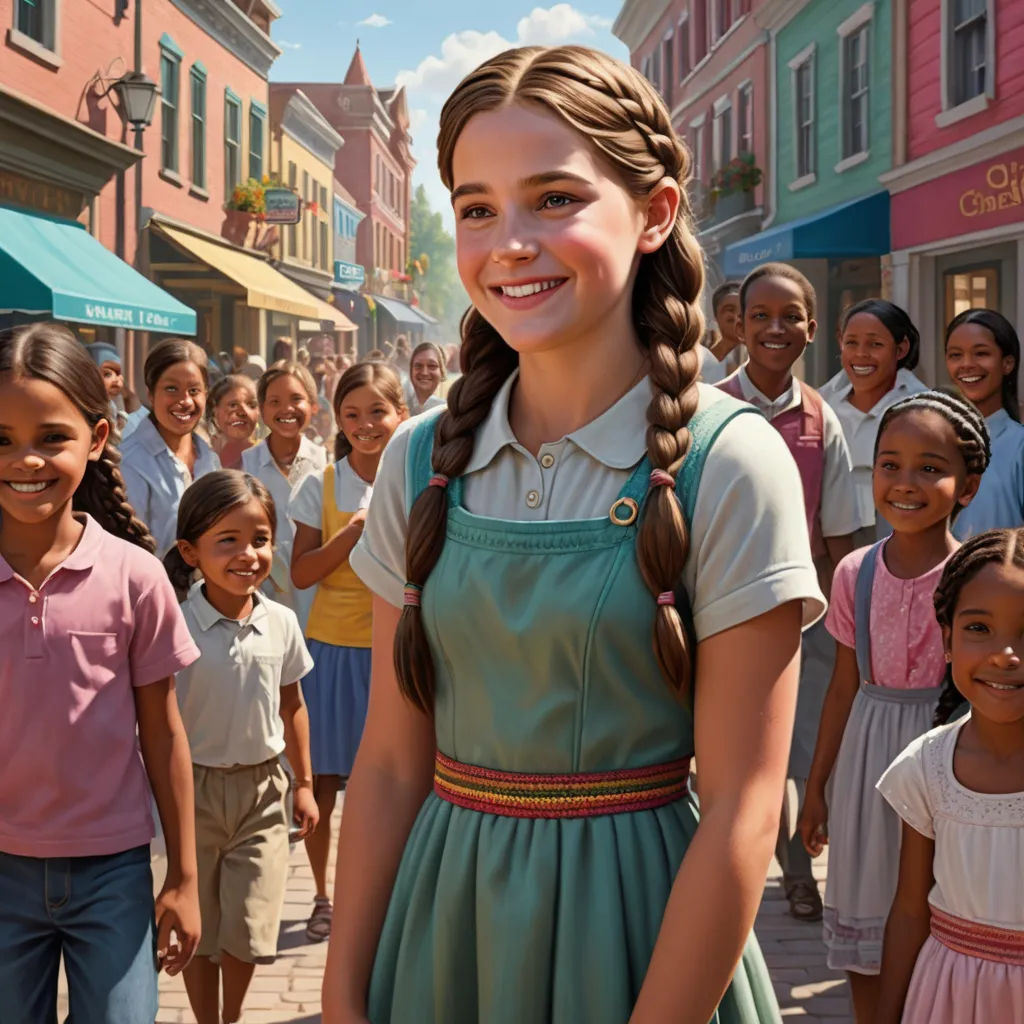 a girl in a green dress standing in front of a group of children in a town square with a green umbrella, magical realism, a poster, disney, promotional image
