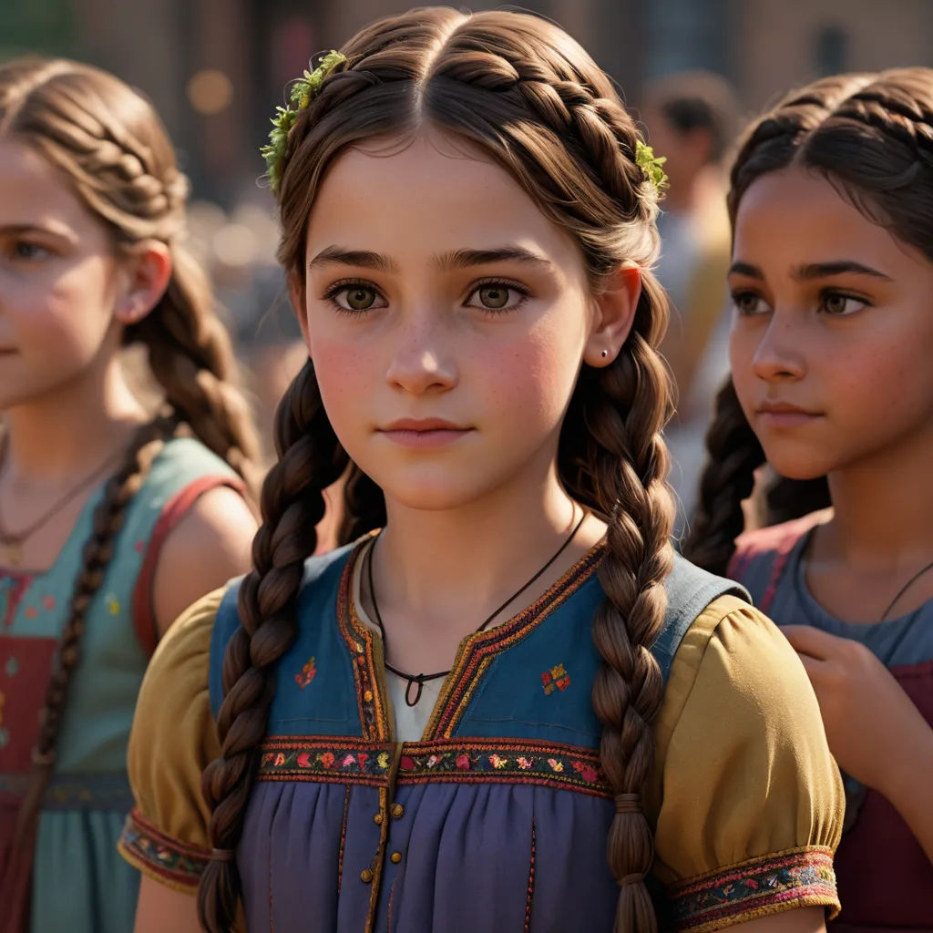 a group of young girls standing next to each other in a crowd of people wearing dresses and braids, photorealism, computer graphics, Anne Said, cgstudio