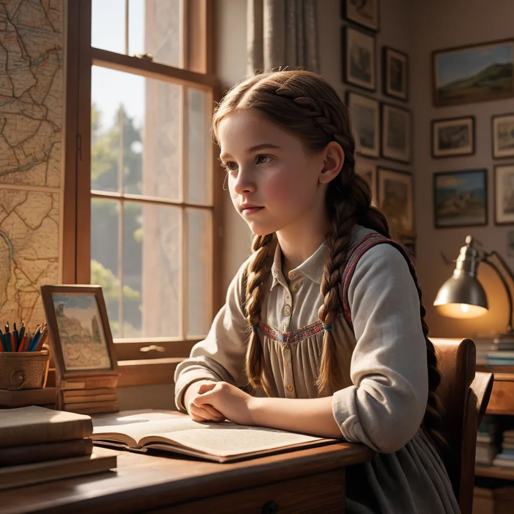 a girl sitting at a desk with a book and a picture on the wall behind her and a map on the desk, arts and crafts movement, a poster, Anne Said, movie still