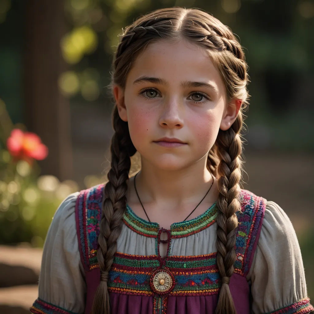 a young girl with braids and a dress on is looking at the camera with a serious look on her face, arts and crafts movement, a character portrait, Anna Hotchkis, leesha hannigan