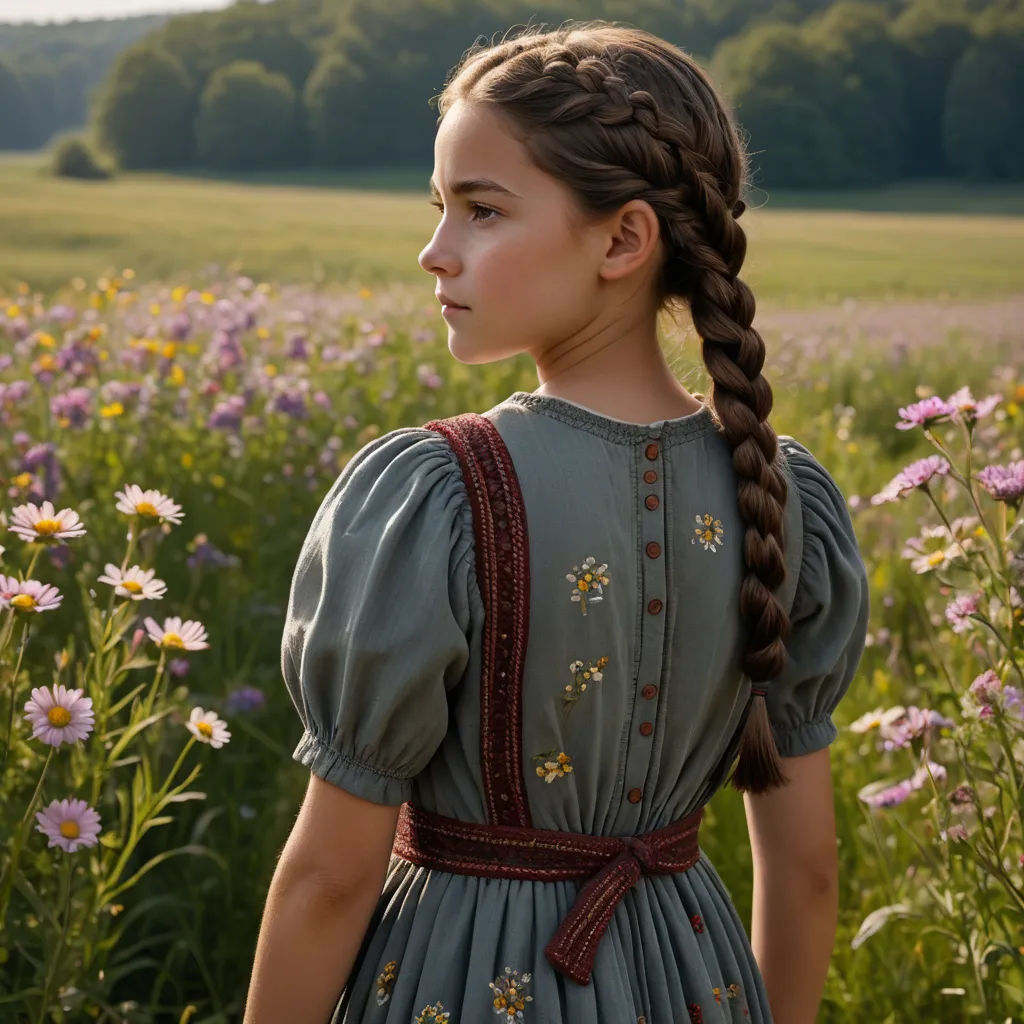 a young girl standing in a field of flowers with a braid in her hair and a dress on her shoulders, aestheticism, a colorized photo, Claire Falkenstein, movie still