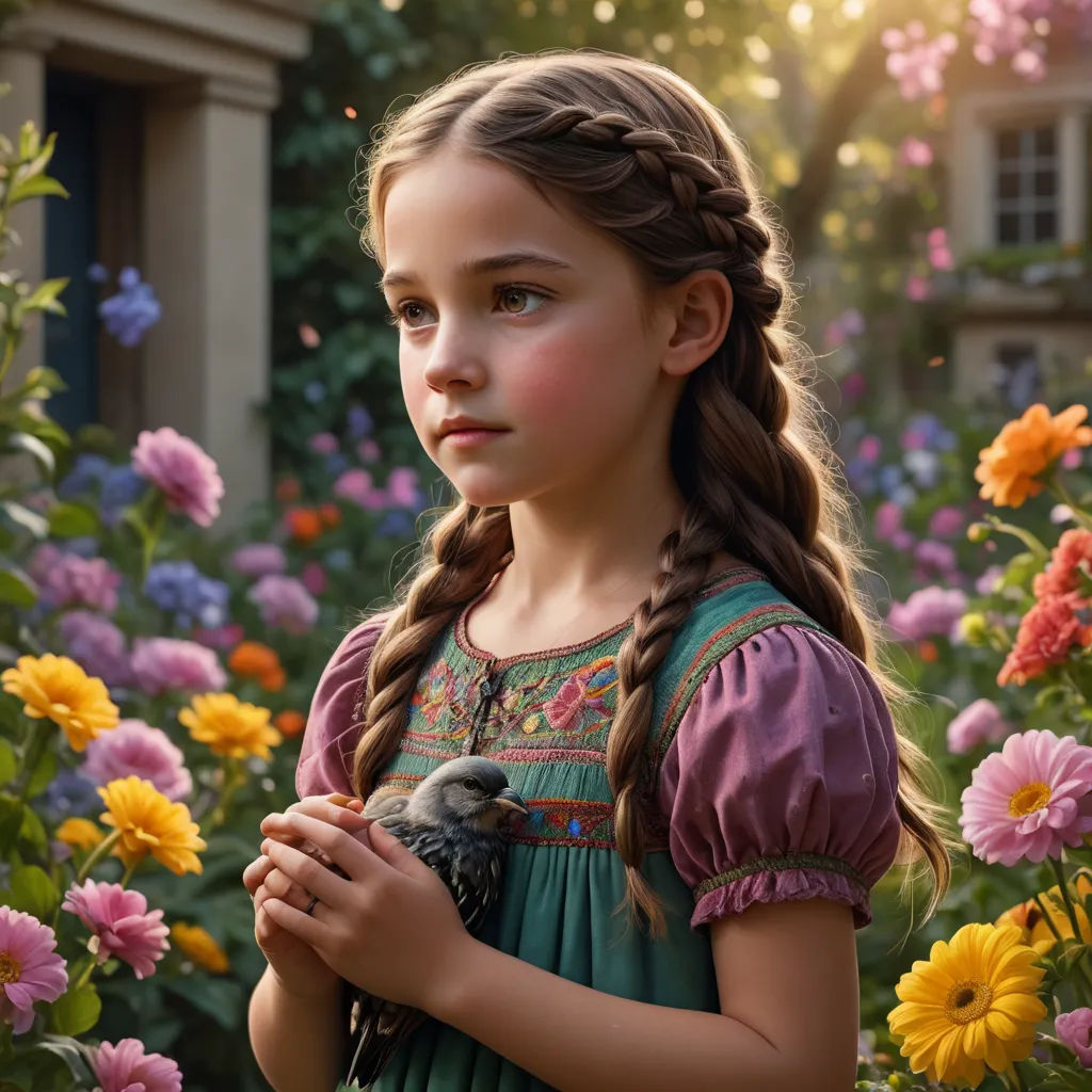 a little girl holding a bird in a field of flowers with a house in the background and a building in the background, magical realism, a detailed matte painting, Anne Said, cinematic photography