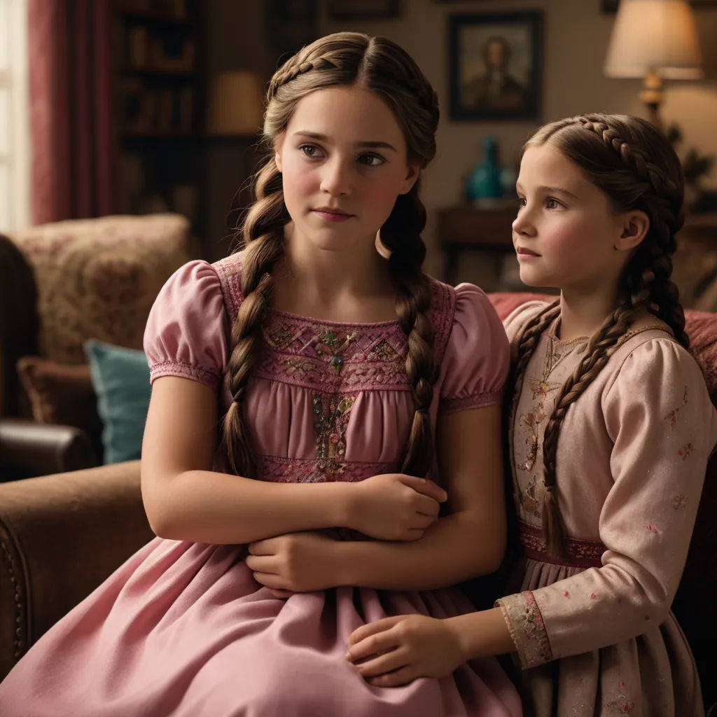 two girls sitting on a couch in a living room together, one of them is wearing a pink dress, pre-raphaelitism, a still life, Elinor Proby Adams, promotional image