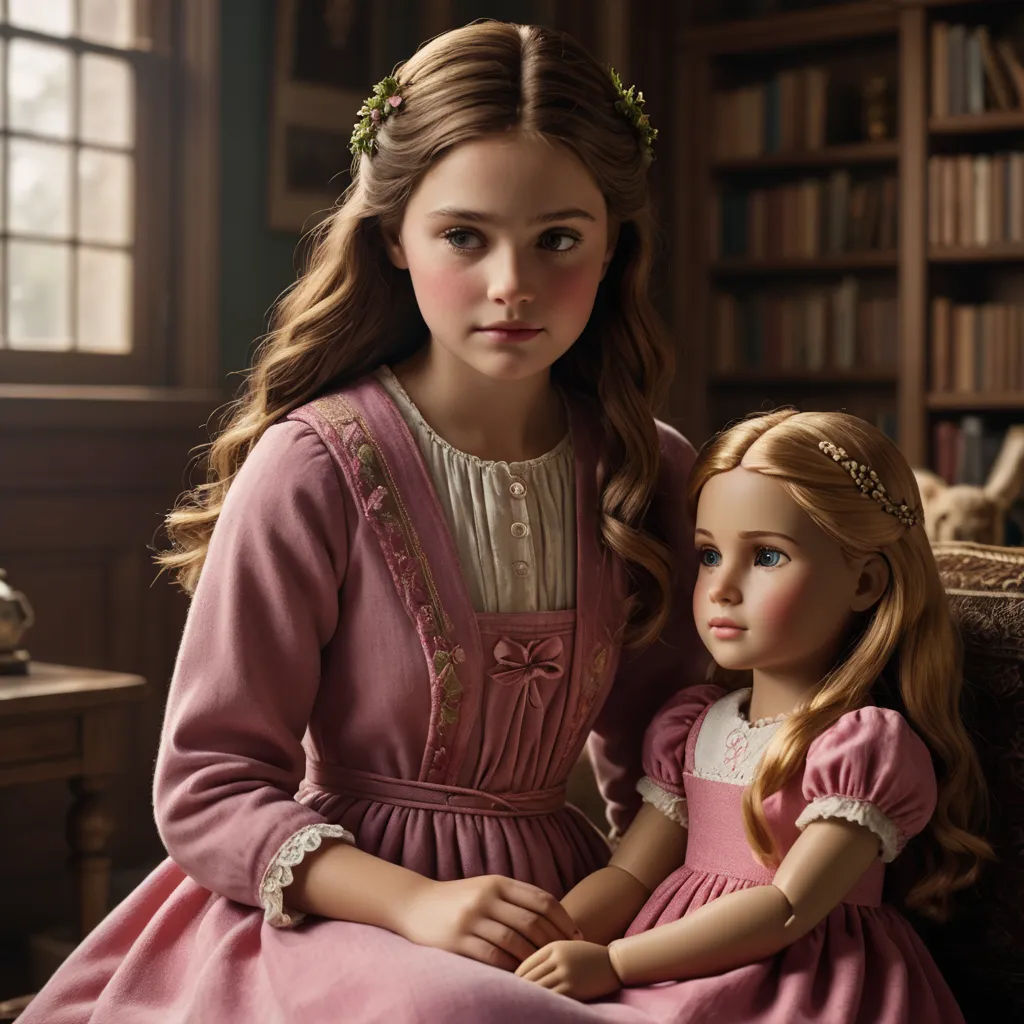 a doll and a doll sitting next to each other on a couch in a room with bookshelves, arts and crafts movement, a photorealistic painting, Clarice Beckett, j. c. leyendecker 8 k
