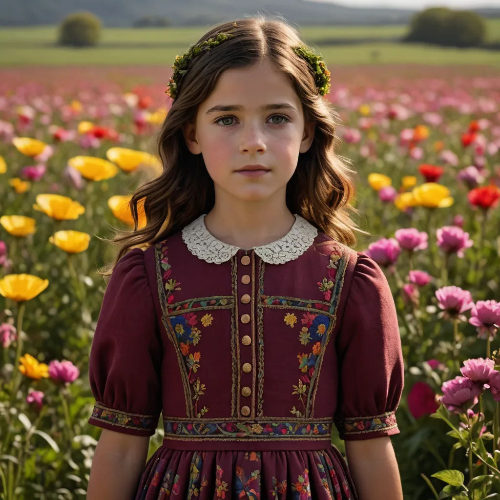a young girl standing in a field of flowers wearing a dress with a collar and a lace collared neckline, arts and crafts movement, a poster, Christian Hilfgott Brand, promotional image