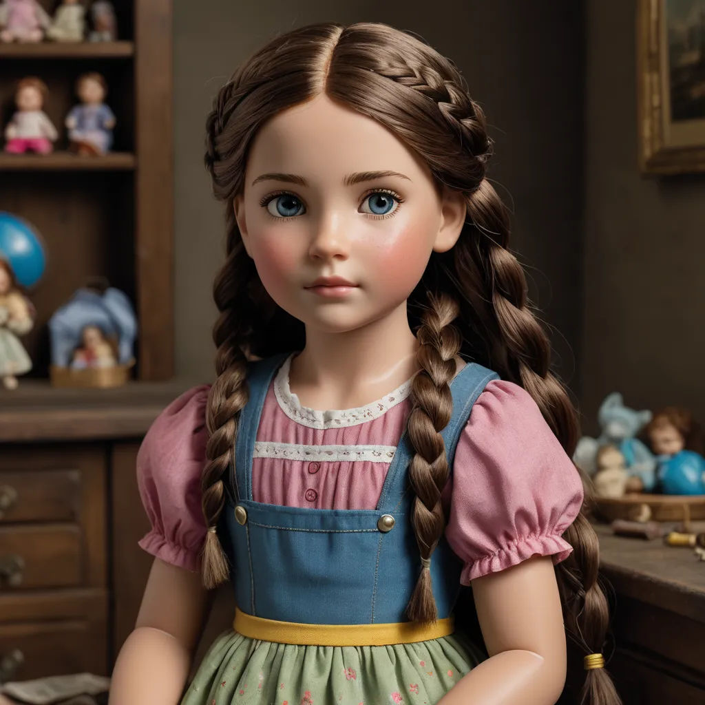 a doll with long hair and a braid in a room with other dolls and toys on the shelves behind her, american barbizon school, a character portrait, Clarice Beckett, finely detailed features