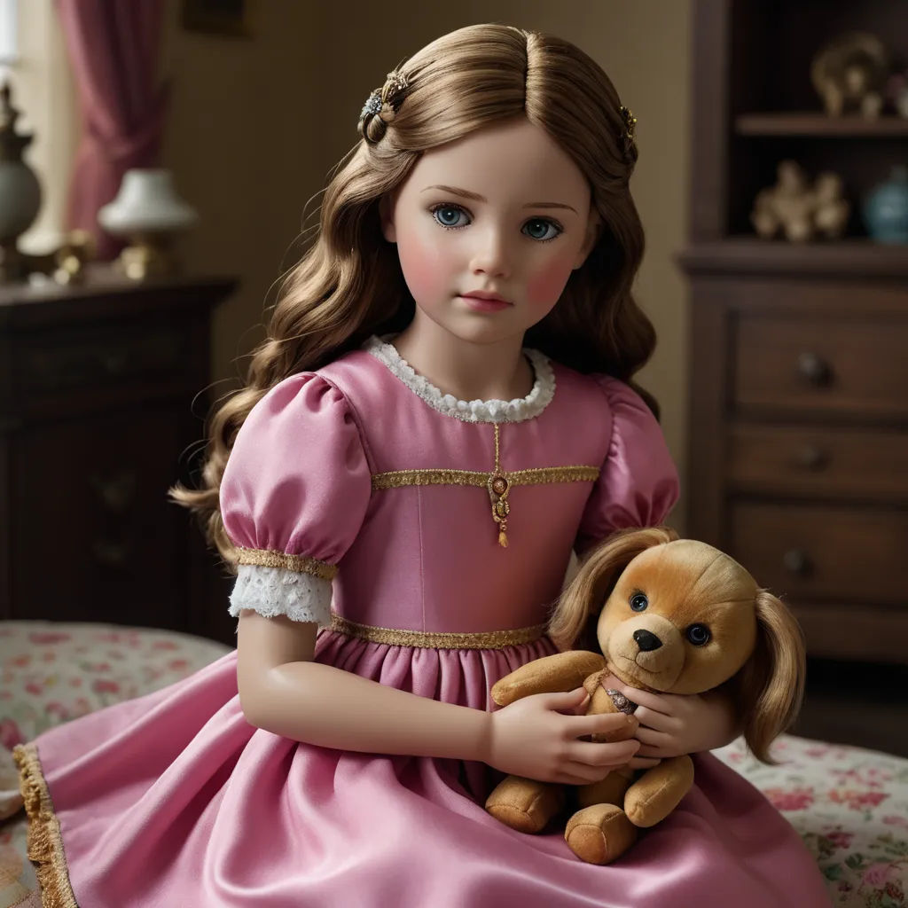 a doll with a dog in a pink dress sitting on a bed with a pink blanket and a brown teddy bear, neoclassicism, a character portrait, Clarice Beckett, finely detailed features