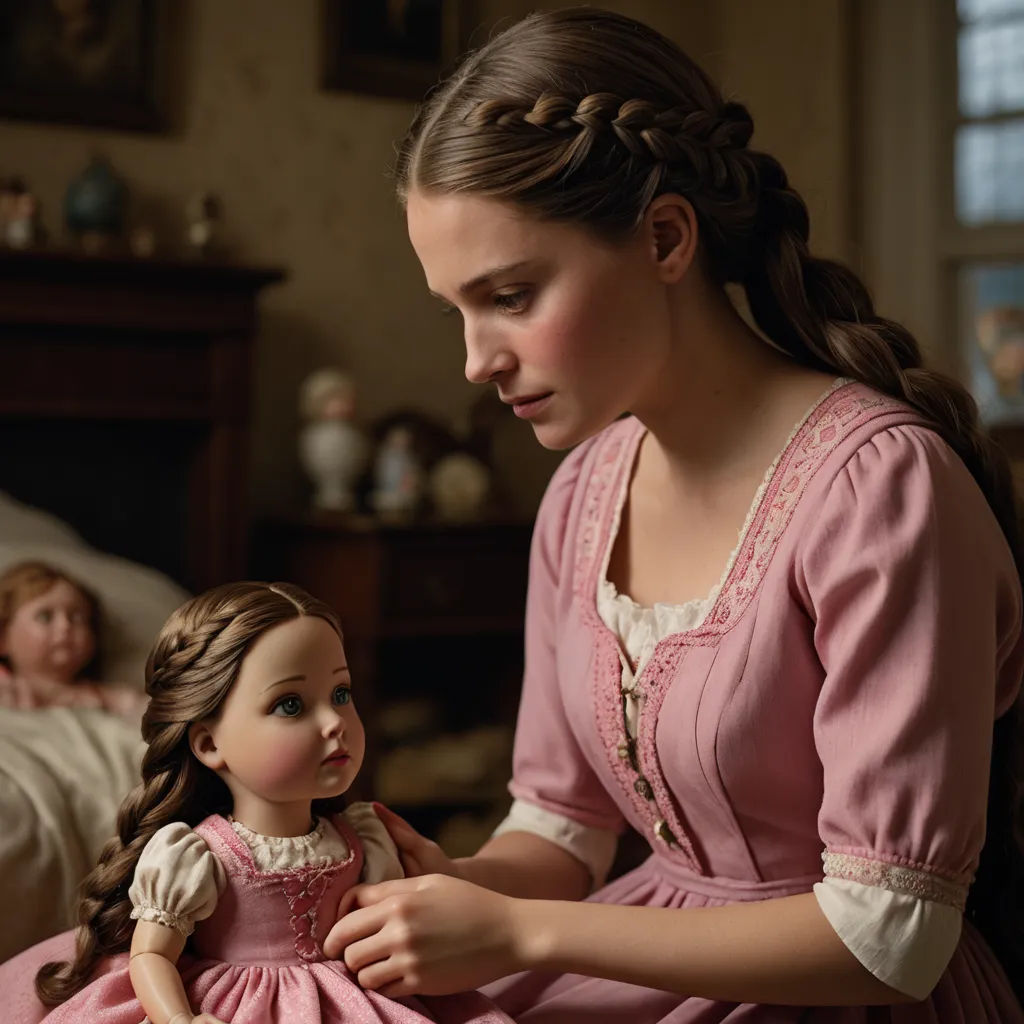 a young girl in a pink dress is playing with a doll in a room with other dolls on the floor, german romanticism, a flemish Baroque, Celia Fiennes, promotional image