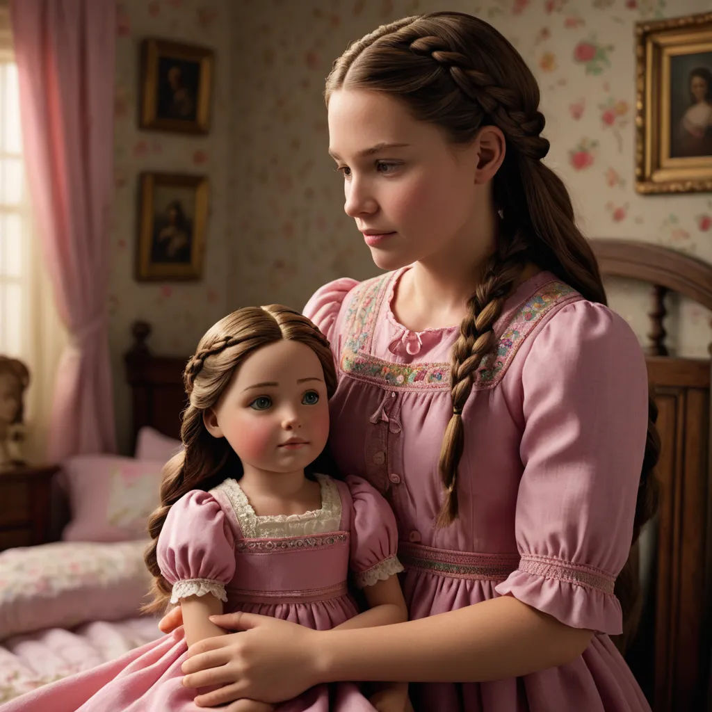 a young girl in a pink dress holding a doll in a bedroom with a pink bed and pink curtains, american romanticism, a flemish Baroque, Clarice Beckett, promotional image