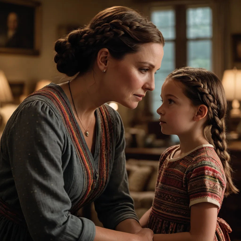 a woman and a little girl sitting together in a living room looking at each other with a serious look on their face, magical realism, a poster, Anne Said, movie still