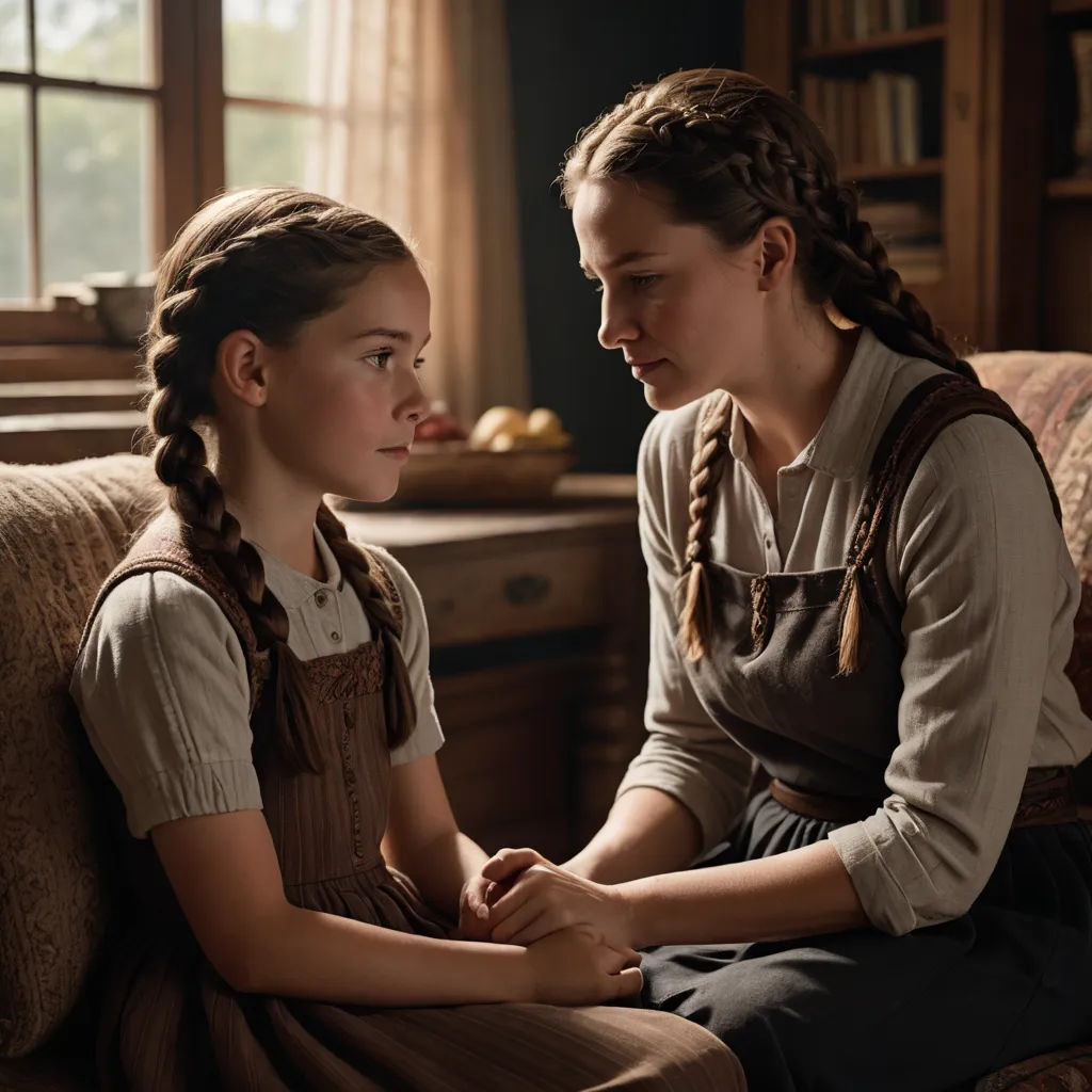 a woman sitting next to a woman on a couch in a room with a window and a book shelf, german romanticism, a poster, Anne Said, promotional image