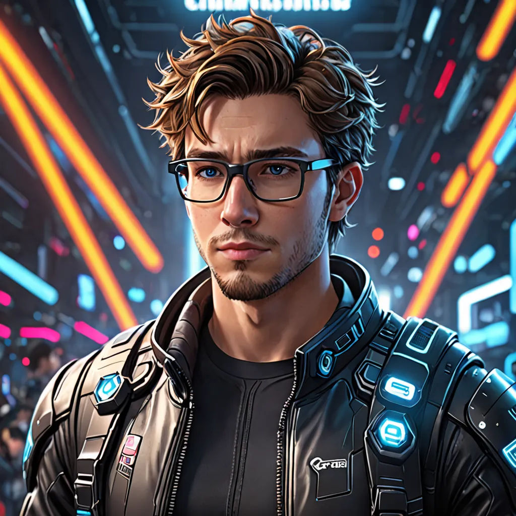 a man in a futuristic suit with glasses and a futuristic background with neon lights and a neon starburst, sots art, a character portrait, Cedric Seaut (Keos Masons), rossdraws global illumination