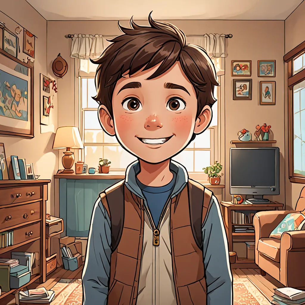 a boy in a living room with a tv and a bookcase in the background and a couch and a chair, photorealism, a character portrait, Diego Gisbert Llorens, rossdraws global illumination