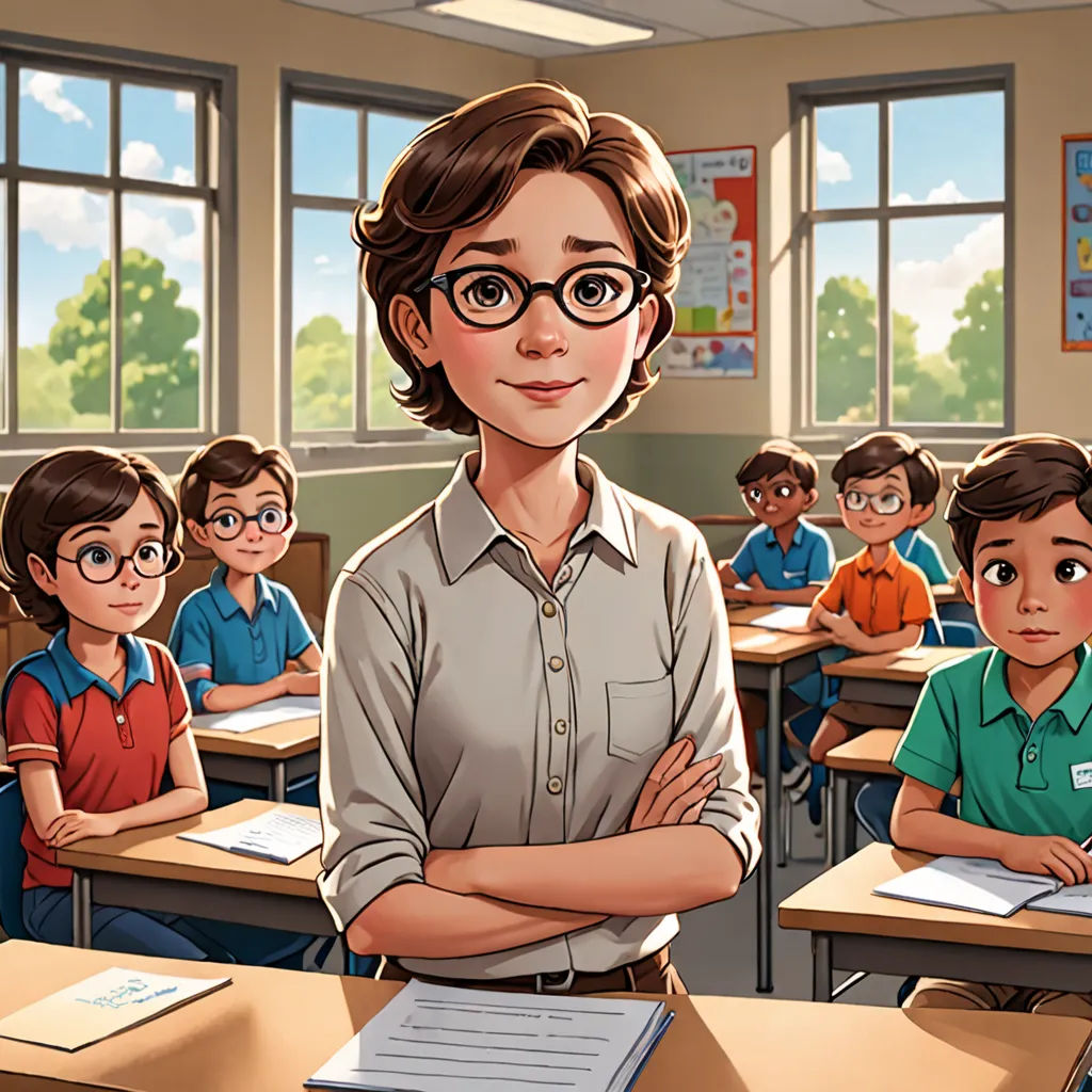 a cartoon of a woman standing in front of a classroom full of students with their arms crossed and looking at the camera, american scene painting, a character portrait, Ada Gladys Killins, official art