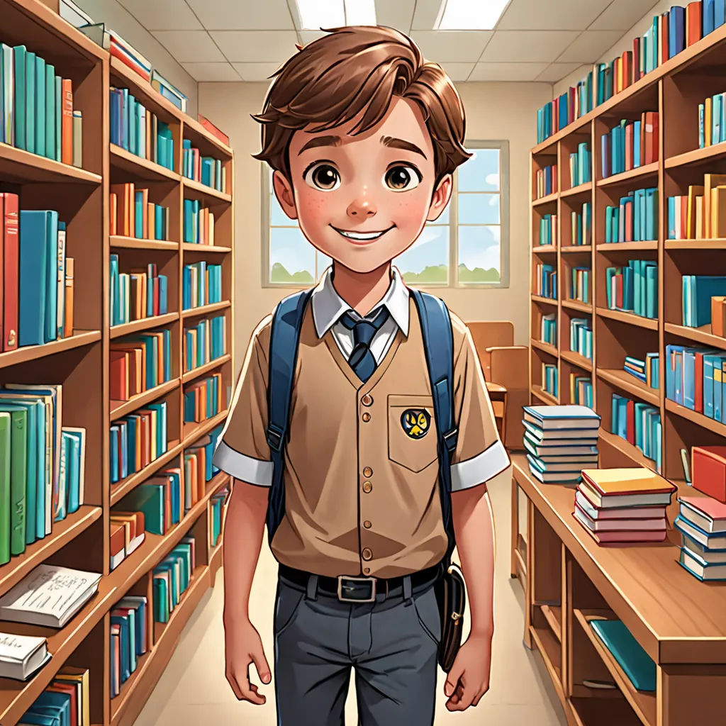 a boy in a library with a backpack on his back and bookshelves in the background, and a smiling boy in a school uniform, sots art, a character portrait, Cedric Seaut (Keos Masons), official art