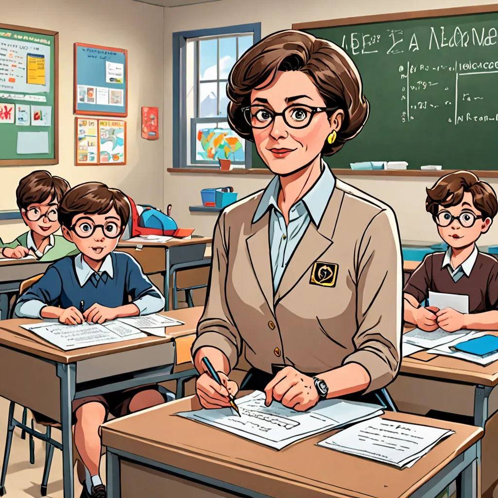 a woman teacher in a classroom with her students in the background, with a cartoon of her in the foreground, paris school, a character portrait, Ada Gladys Killins, promotional image