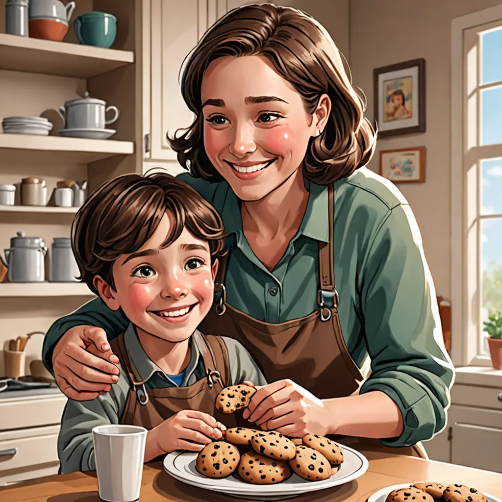 a woman and a child are smiling while they are making cookies together in the kitchen together, with a plate of cookies on the table, photorealism, a storybook illustration, Diego Gisbert Llorens, ultra realistic illustration