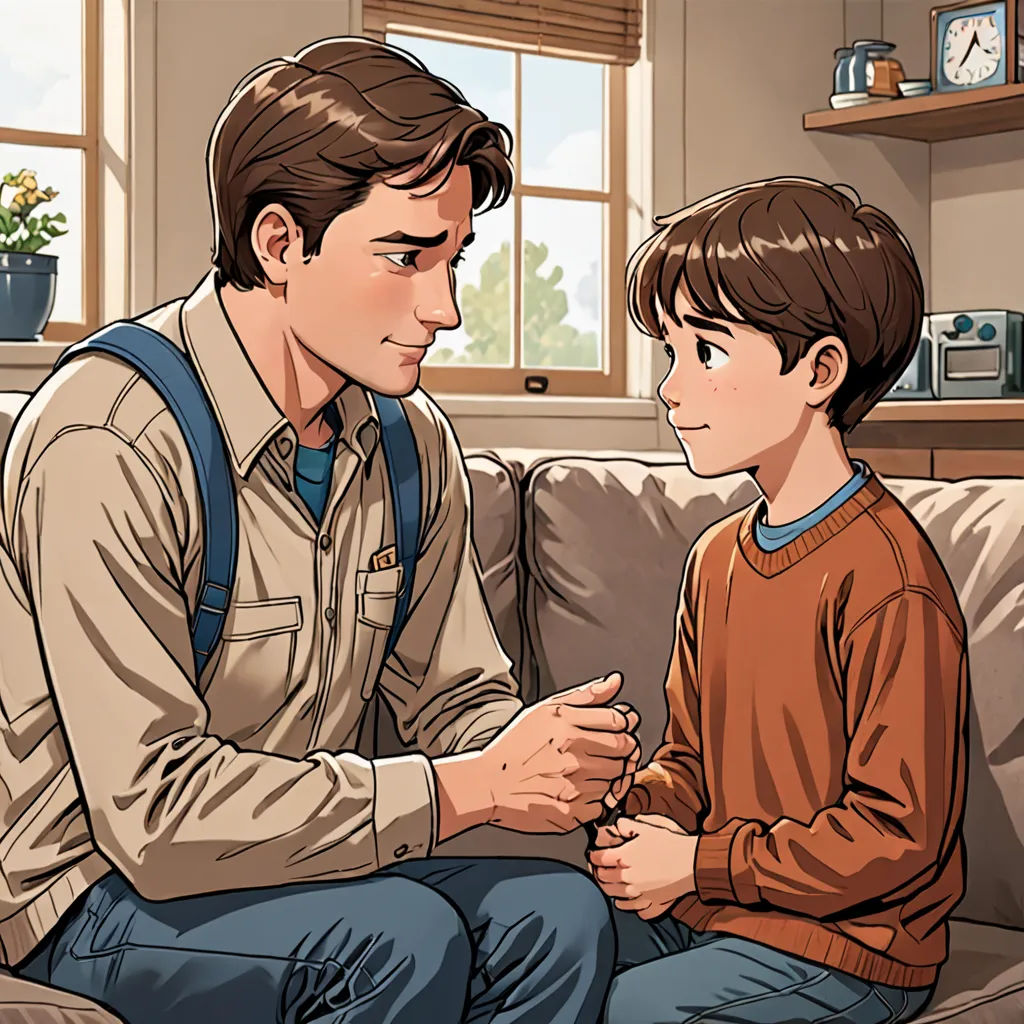 a man sitting on a couch next to a boy on a couch with a clock in the background and a window, sots art, a comic book panel, Dan Scott, official art