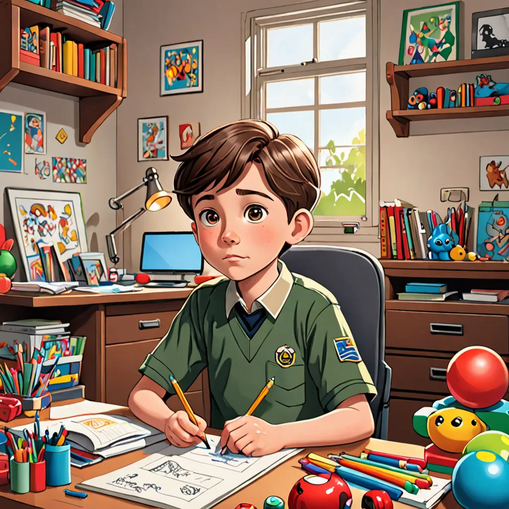 a boy is sitting at a desk with a pencil and paper in his hand and a lot of toys around him, serial art, computer graphics, Diego Gisbert Llorens, art station