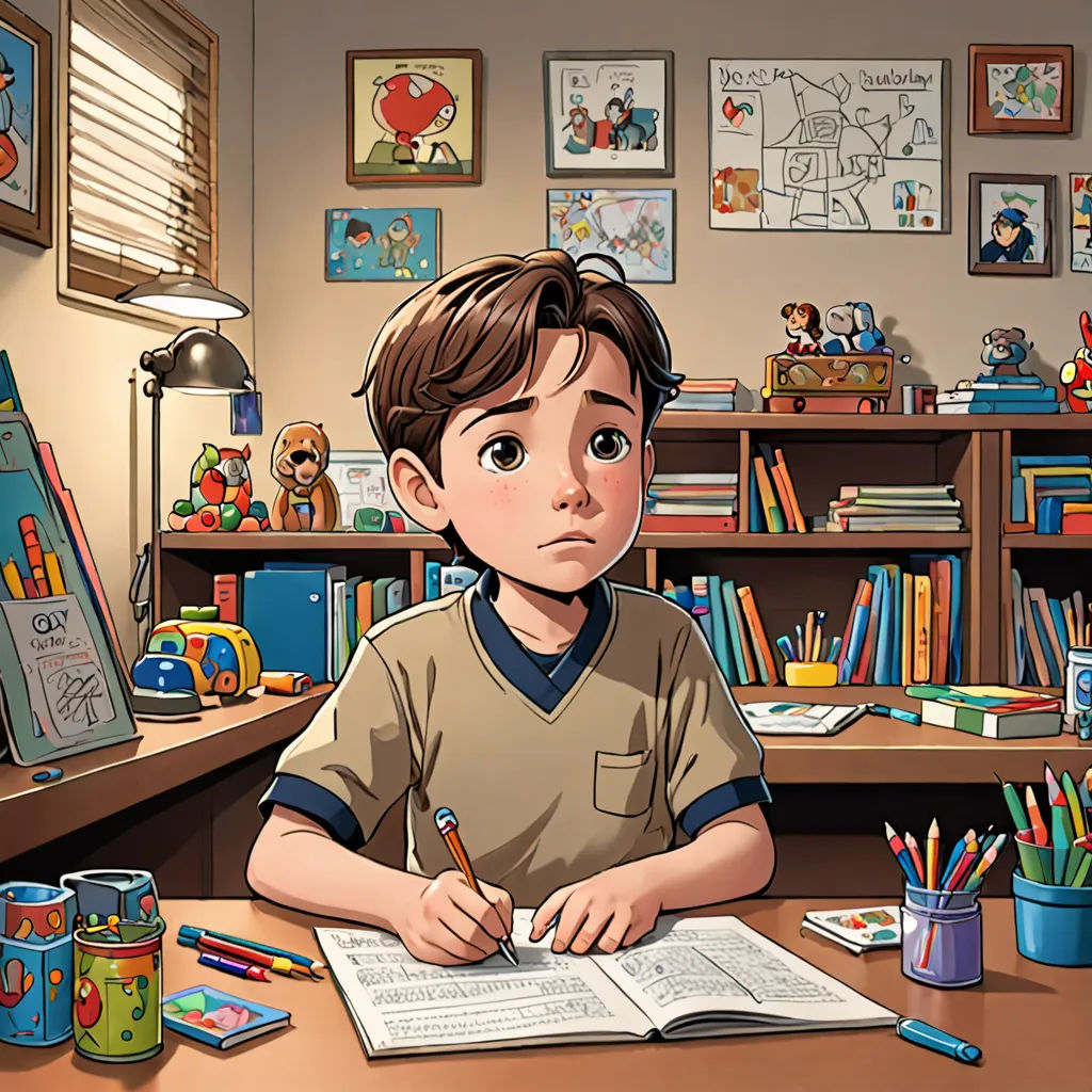 a boy sitting at a desk with a book and pencil in his hand and a book in front of him, academic art, a storybook illustration, Diego Gisbert Llorens, art station