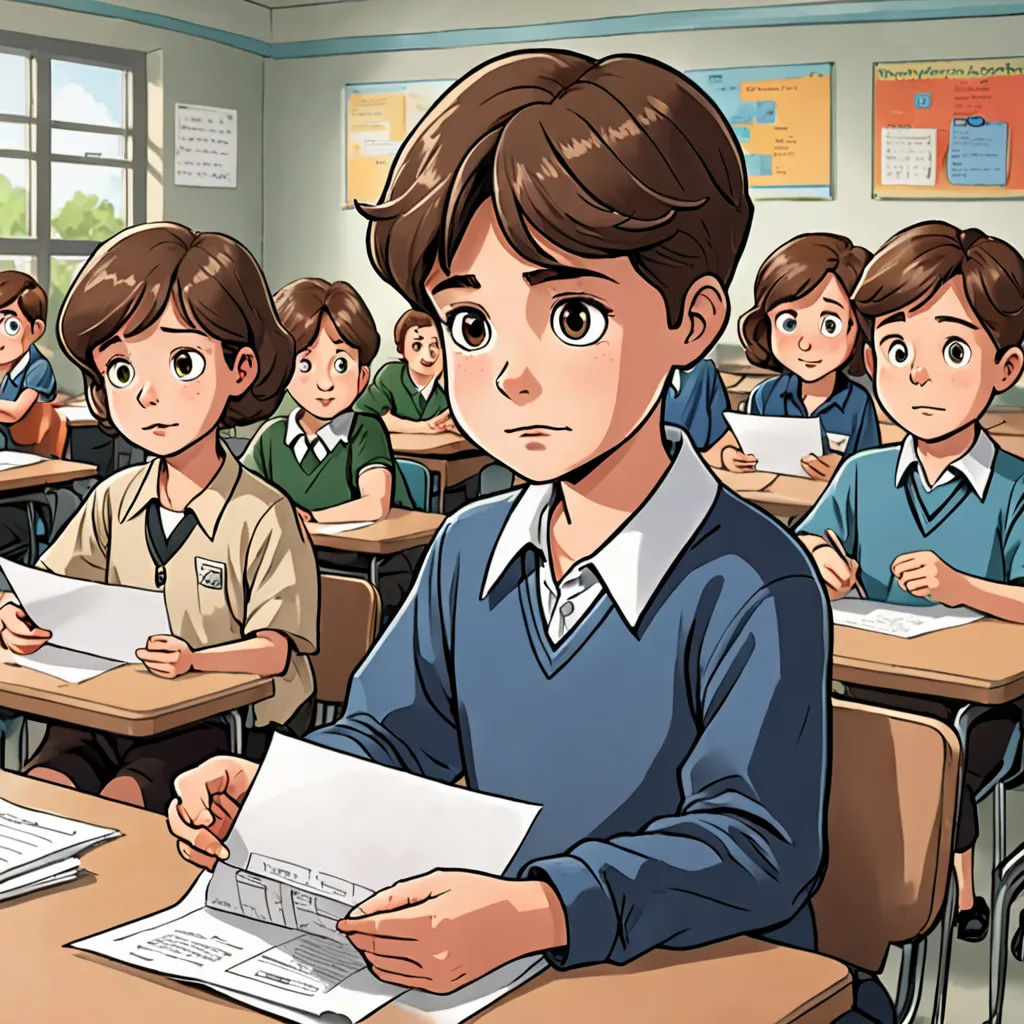 a boy is sitting in a classroom with a laptop computer in his hand and other children are sitting at desks, quito school, a comic book panel, Diego Gisbert Llorens, official art