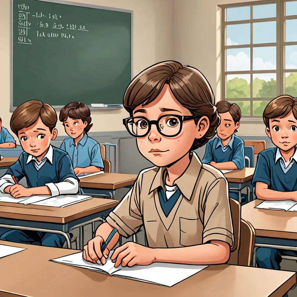 a cartoon of a boy sitting at a desk in a classroom with other students behind him and a chalkboard with writing on it, serial art, a comic book panel, Diego Gisbert Llorens, official art