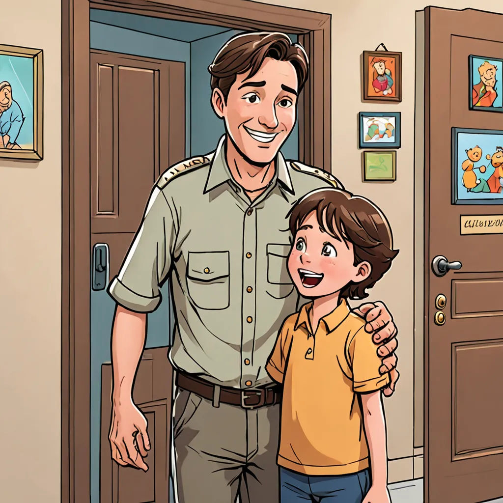 a man and a boy are standing in a room with a door and a cartoon character on the wall, sots art, a storybook illustration, Diego Gisbert Llorens, graphic novel