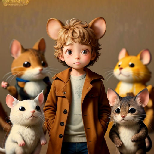 a boy standing between three small mice in front of a wall with a brown coat on and a yellow wall behind him