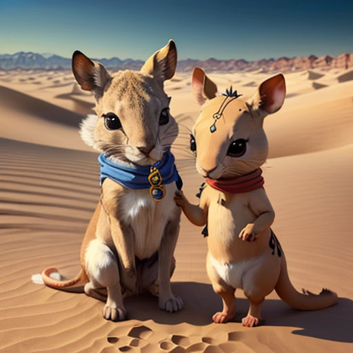 two small animals standing next to each other on a desert field with a sky background and a desert landscape