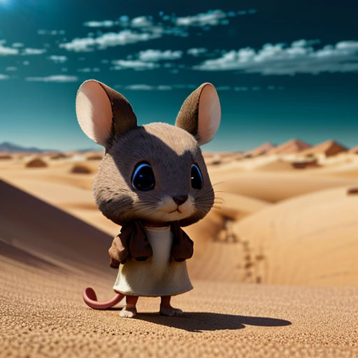 a little mouse standing in the middle of a desert area with a sky background and clouds in the background