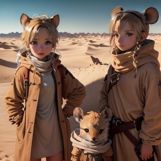 two women in costumes standing in the desert with a dog in their hands and a dog in a scarf around their neck