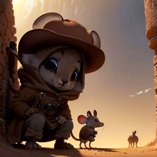 a mouse in a cowboy hat and a rat in a desert setting with a sky background and a stone wall