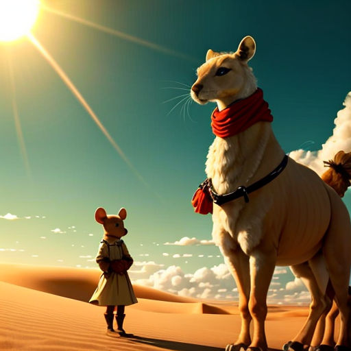 a cartoon picture of a mouse and a mouse in the desert with a girl standing next to a mouse