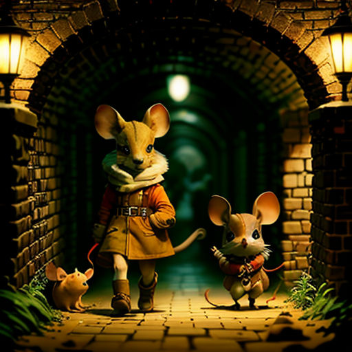 a couple of mice that are standing in the street together in front of a brick wall and a light
