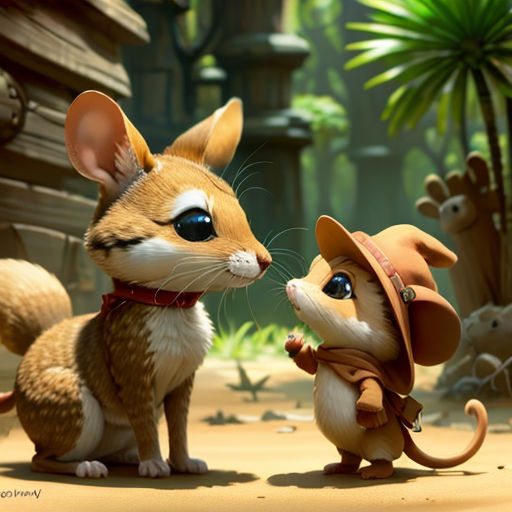a couple of small animals standing next to each other on a field of grass and rocks with a building in the background