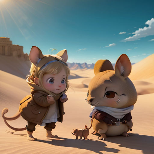 a little girl and a little mouse in the desert with a mouse on the ground and a mouse on the ground