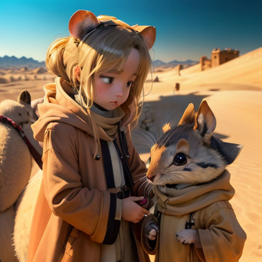 a little girl standing next to a cat in the desert with other animals behind her and a desert landscape behind her