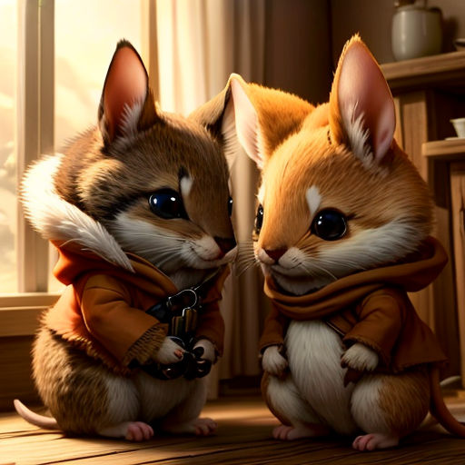two small animals sitting next to each other on a wooden floor in front of a window with curtains and a window sill