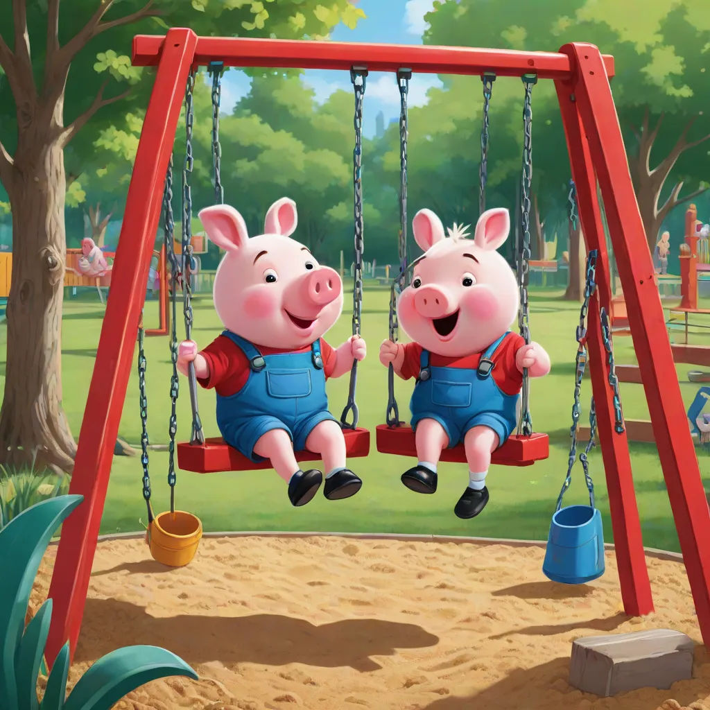 two pigs sitting on a swing in a park with a tree in the background and a child's swing in the foreground, sots art, a storybook illustration, Andries Both, official art