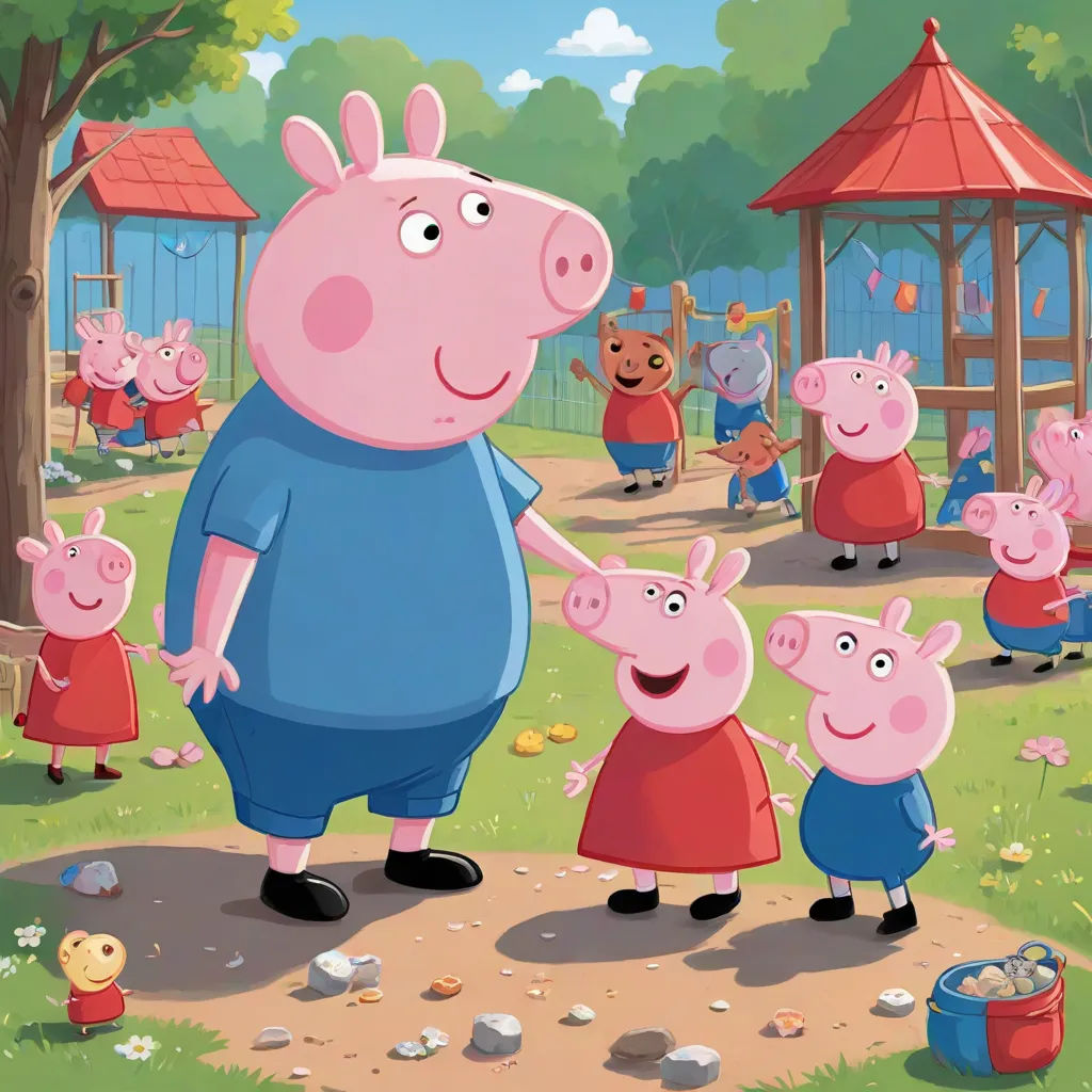 a group of peppo pig characters standing in a park with a group of pigs in the background and a playground, primitivism, concept art, Avgust Černigoj, promotional image