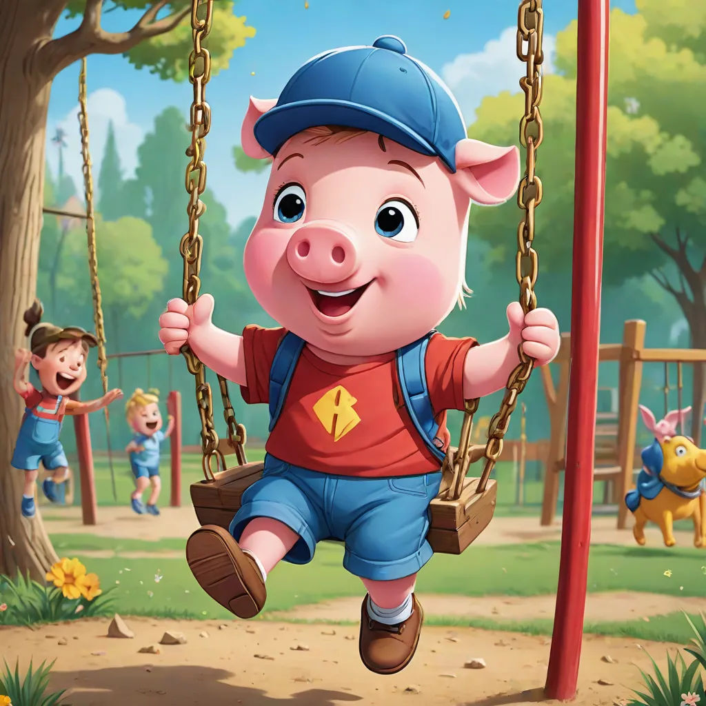 a piggy pig swinging on a swing in a park with other children playing in the background and a tree, sots art, a storybook illustration, Diego Gisbert Llorens, official art