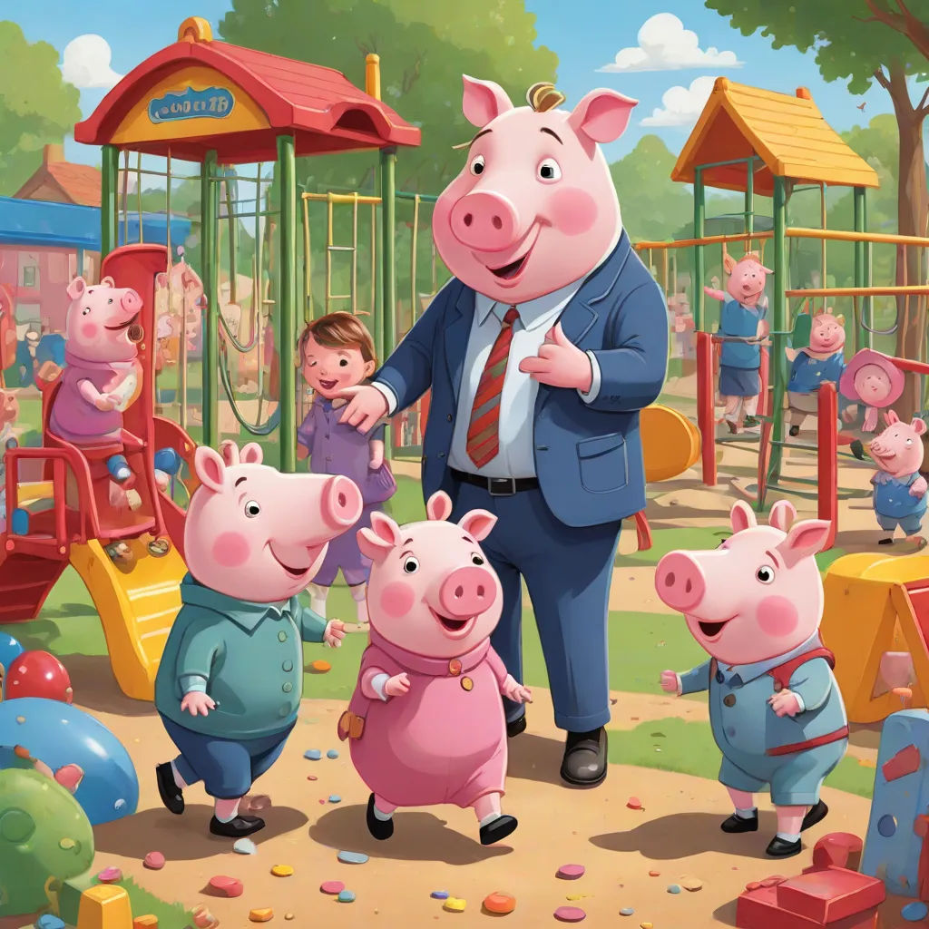 a man in a suit and tie standing next to pigs in a playground with other pigs in the background, sots art, a storybook illustration, David Young Cameron, official art