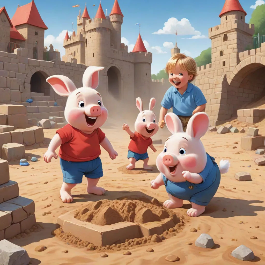 a group of pigs standing next to each other on a sandy ground with a castle in the background and a boy in the middle, sots art, a storybook illustration, Chris LaBrooy, official art