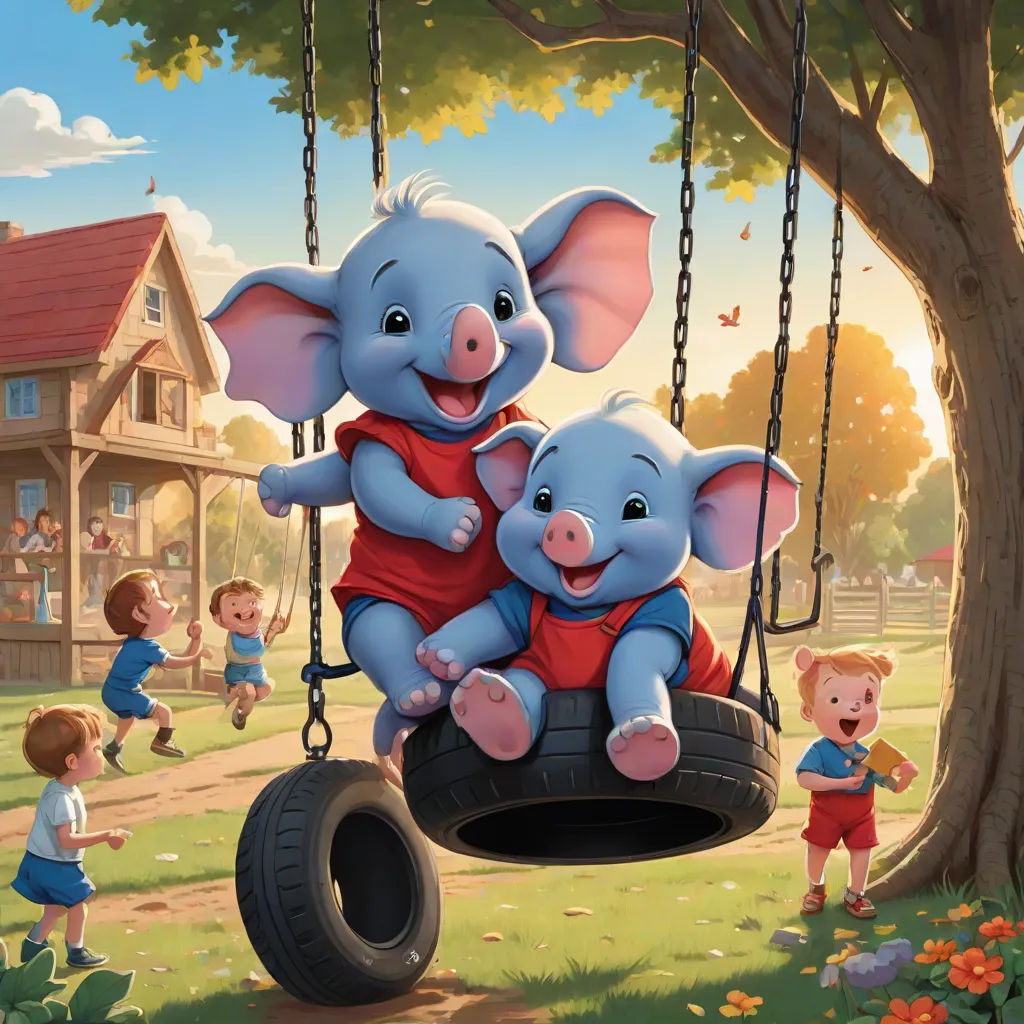 a painting of two elephants on a swing with a little boy and girl watching them play on the other side, sots art, a storybook illustration, Amédée Ozenfant, official art